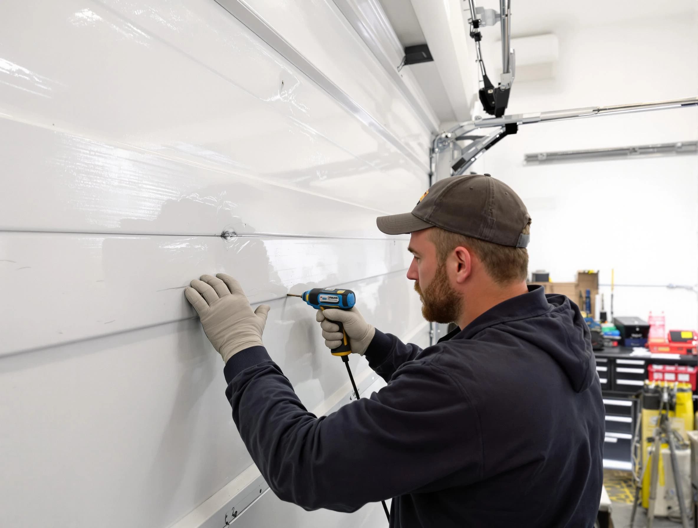 Bound Brook Garage Door Repair technician demonstrating precision dent removal techniques on a Bound Brook garage door